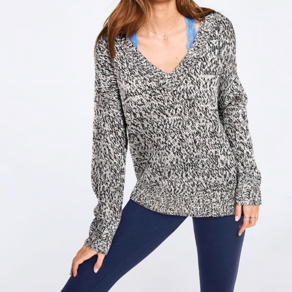Victoria's Secret PINK V-Neck Marled Knit Sweater Oversized Cozy Pullover